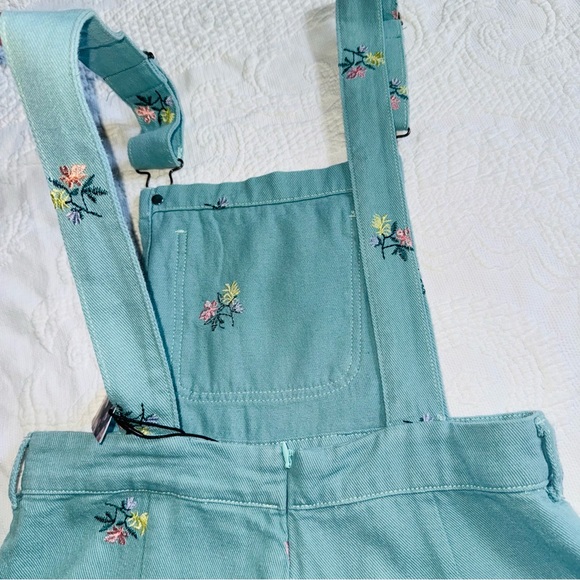 Floral Embroidery Pocket Romper NWT Cider Size Small Teal Blue Green 100% Cotton - Picture 4 of 12